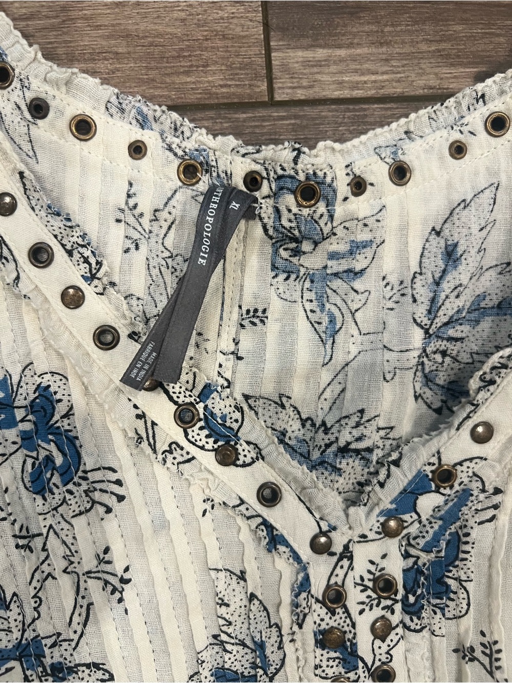 Anthropologie White Tank with Blue Floral Eyelet Detail